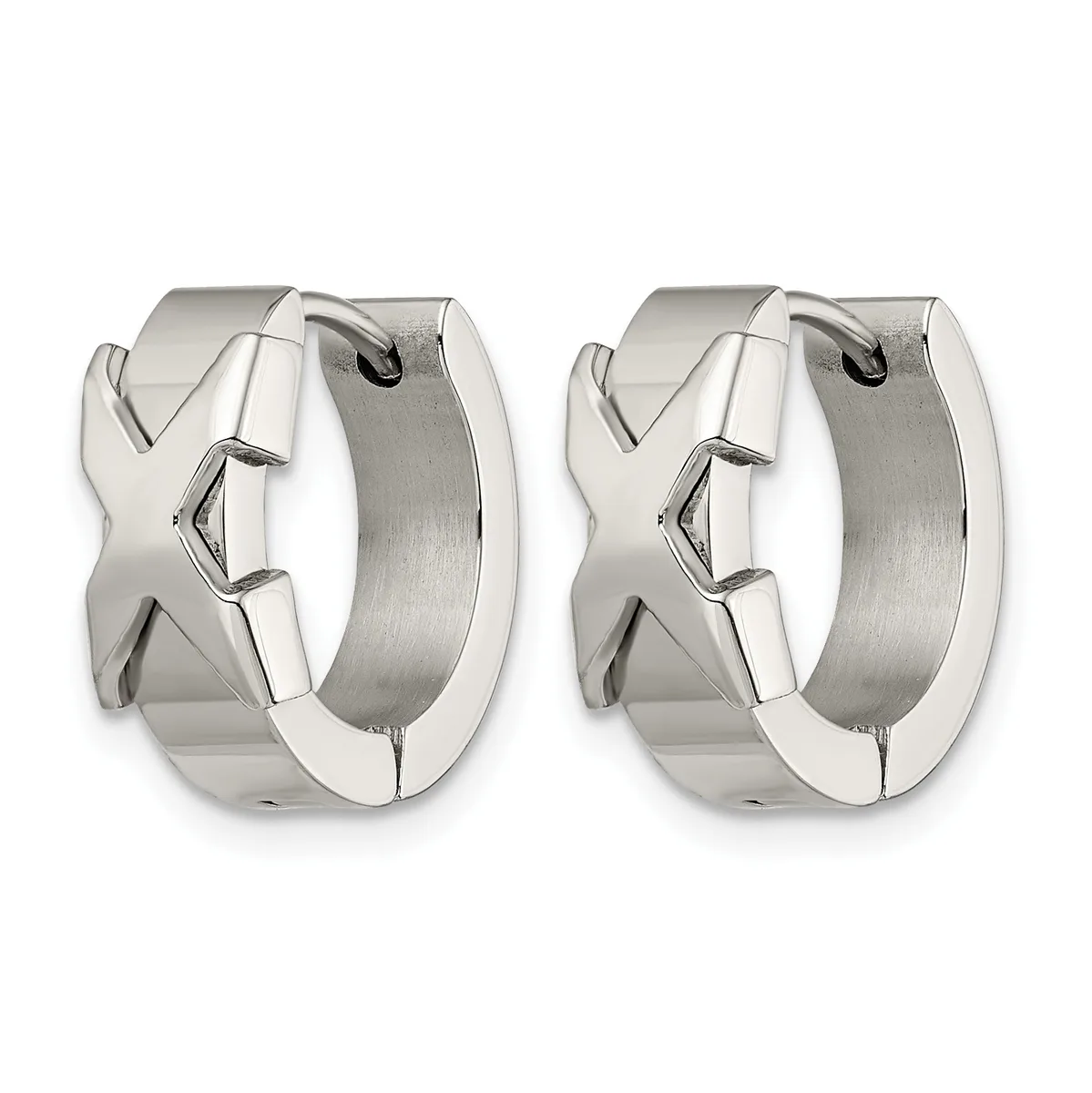 A pair of polished silver-toned chunky hoop earrings with geometric cutout designs on the front, shown from the front and back.