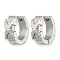 A pair of polished silver-toned chunky hoop earrings with geometric cutout designs on the front, shown from the front and back.