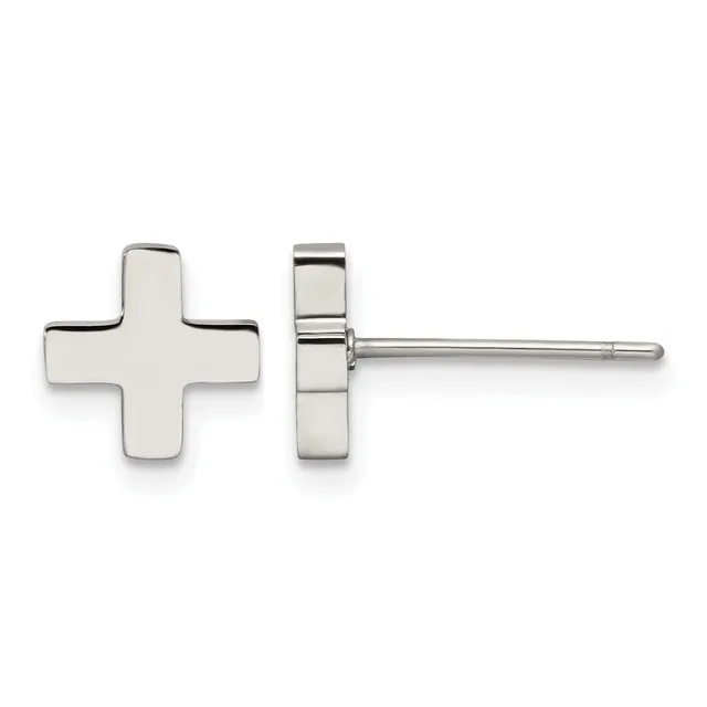 Pair of polished silver cross-shaped stud earrings shown from front and side views.