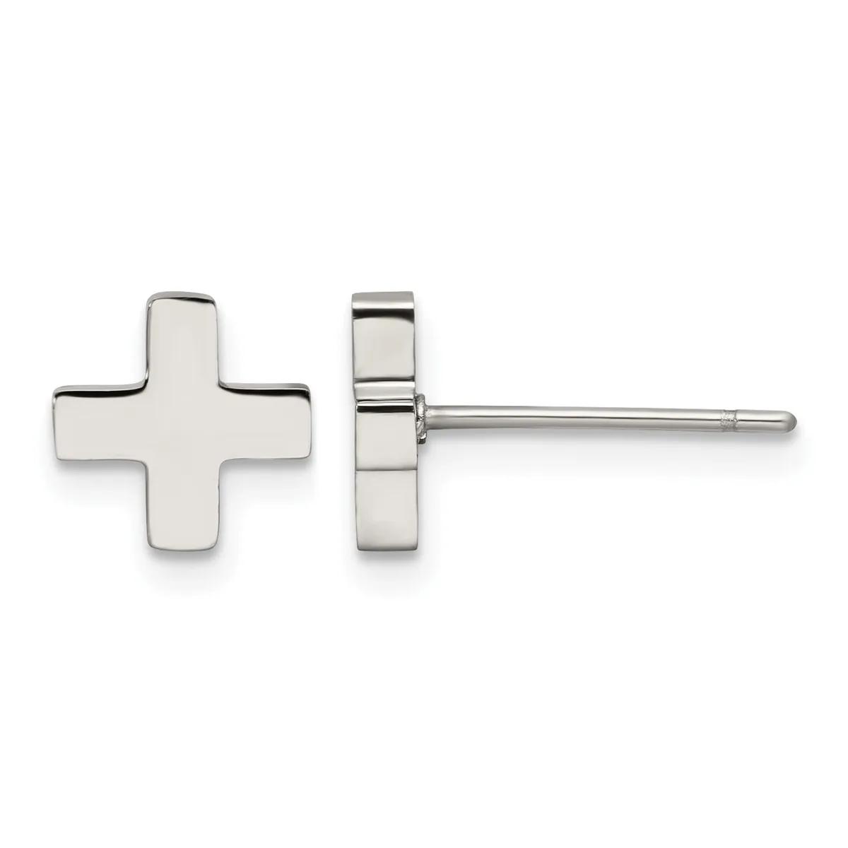 Pair of polished silver cross-shaped stud earrings shown from front and side views.
