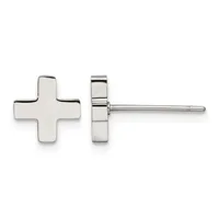 Pair of polished silver cross-shaped stud earrings shown from front and side views.