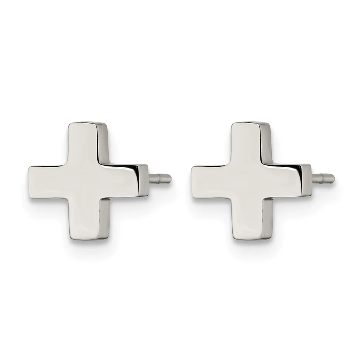 Pair of silver cross-shaped stud earrings with posts and backs, displayed against a white background.