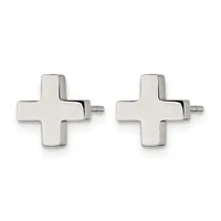 Pair of silver cross-shaped stud earrings with posts and backs, displayed against a white background.