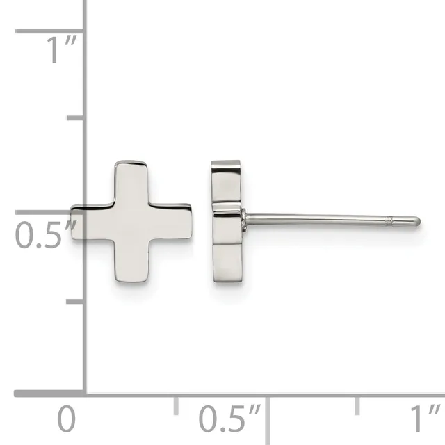 A pair of silver plus-sign shaped stud earrings shown front and back view against a measurement scale indicating approximately 0.5 inches in width.