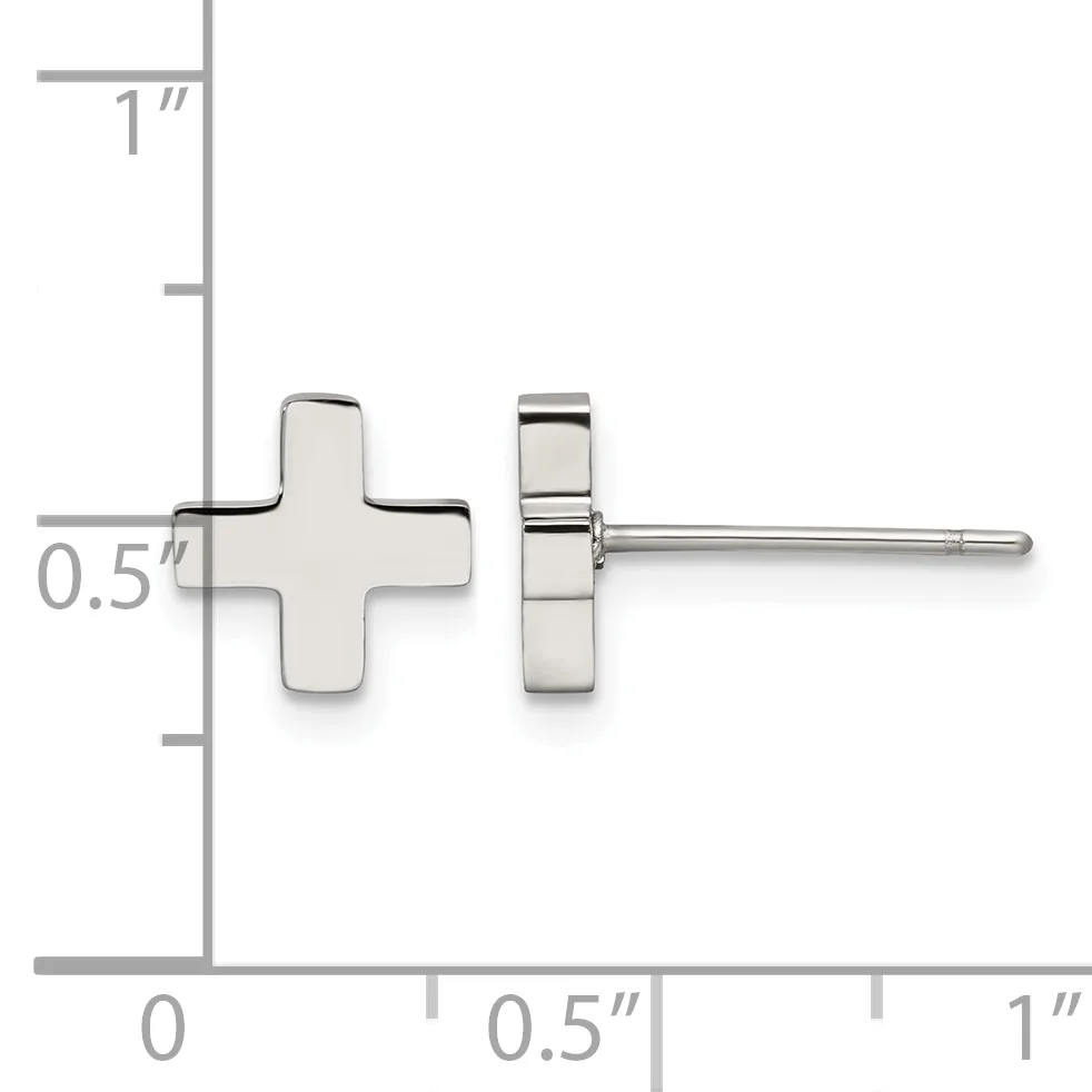A pair of silver plus-sign shaped stud earrings shown front and back view against a measurement scale indicating approximately 0.5 inches in width.