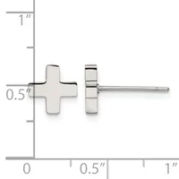 A pair of silver plus-sign shaped stud earrings shown front and back view against a measurement scale indicating approximately 0.5 inches in width.