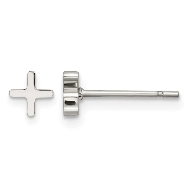 A pair of sterling silver stud earrings with simple four-pointed cross or plus-sign shaped faces, shown from front and back views.