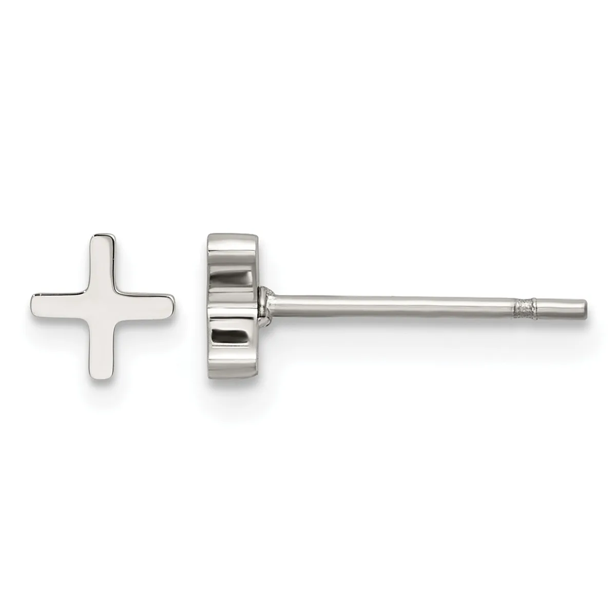 A pair of sterling silver stud earrings with simple four-pointed cross or plus-sign shaped faces, shown from front and back views.