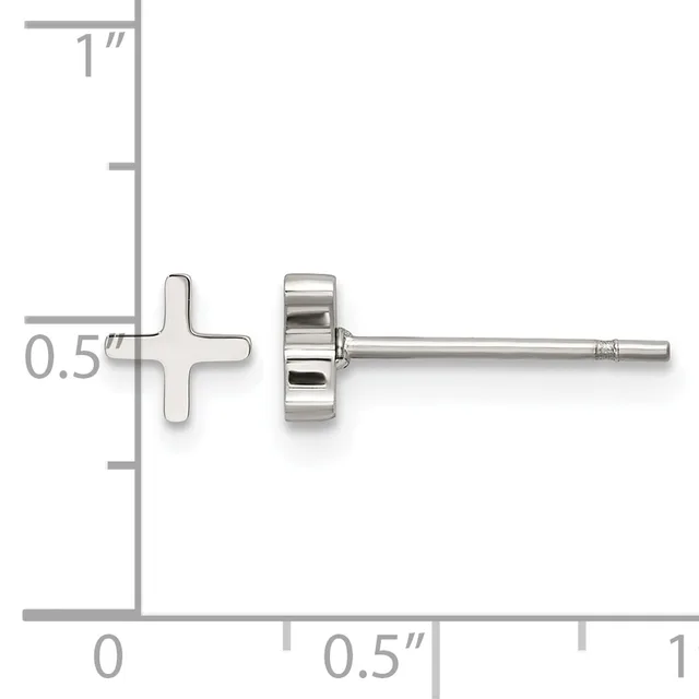 A pair of silver stud earrings with small cross-shaped fronts and round backs, shown against a measurement scale indicating approximately 0.5 inches in width.