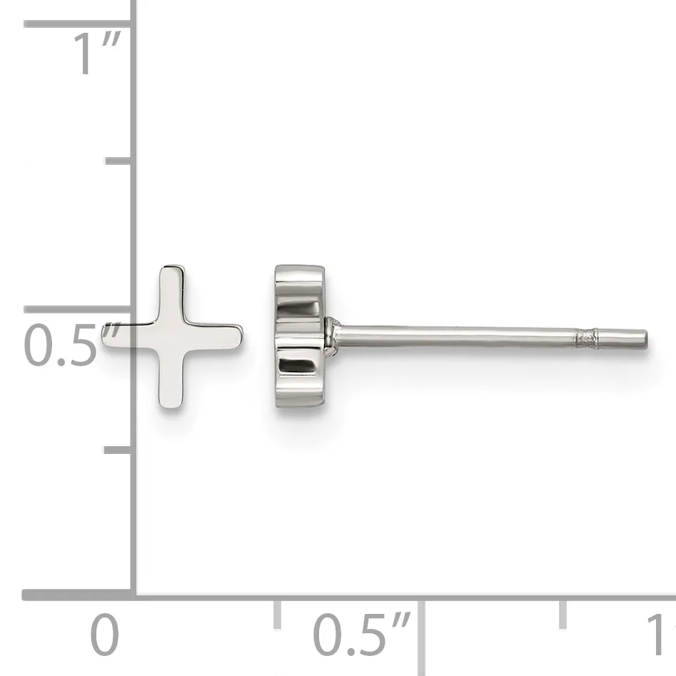 A pair of silver stud earrings with small cross-shaped fronts and round backs, shown against a measurement scale indicating approximately 0.5 inches in width.