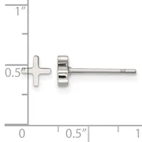 A pair of silver stud earrings with small cross-shaped fronts and round backs, shown against a measurement scale indicating approximately 0.5 inches in width.