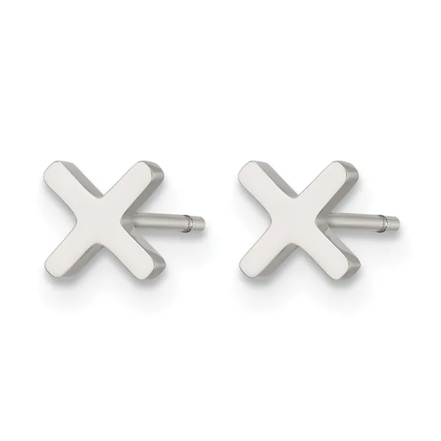 A pair of silver X-shaped stud earrings with small posts and backs, displayed against a white background.