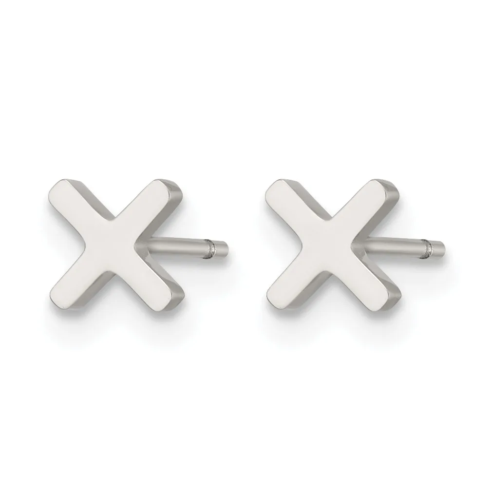 A pair of silver X-shaped stud earrings with small posts and backs, displayed against a white background.