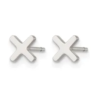 A pair of silver X-shaped stud earrings with small posts and backs, displayed against a white background.