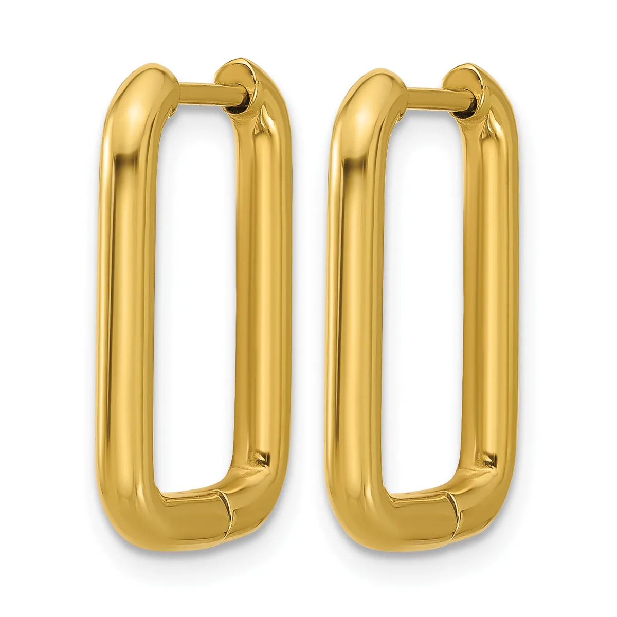 Pair of polished gold rectangular hoop earrings with rounded corners and hinged closures, shown from the front against a white background.