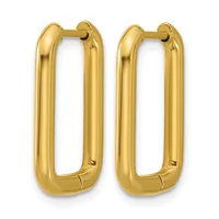 Pair of polished gold rectangular hoop earrings with rounded corners and hinged closures, shown from the front against a white background.