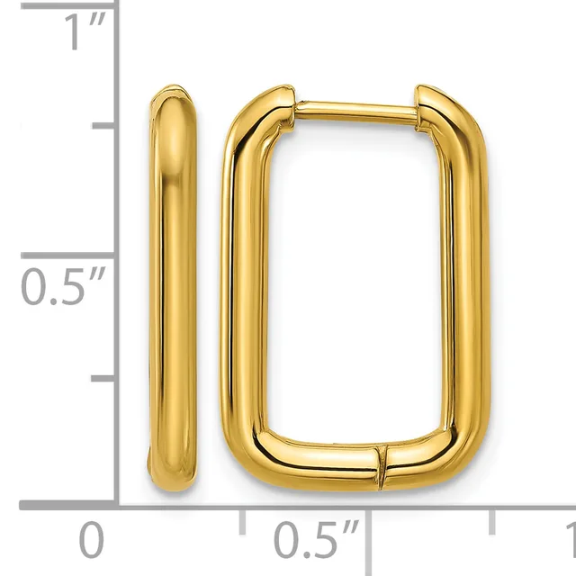 A pair of gold-colored rectangular hoop earrings with rounded corners and polished finish, shown next to a measurement scale indicating approximately one inch in height.