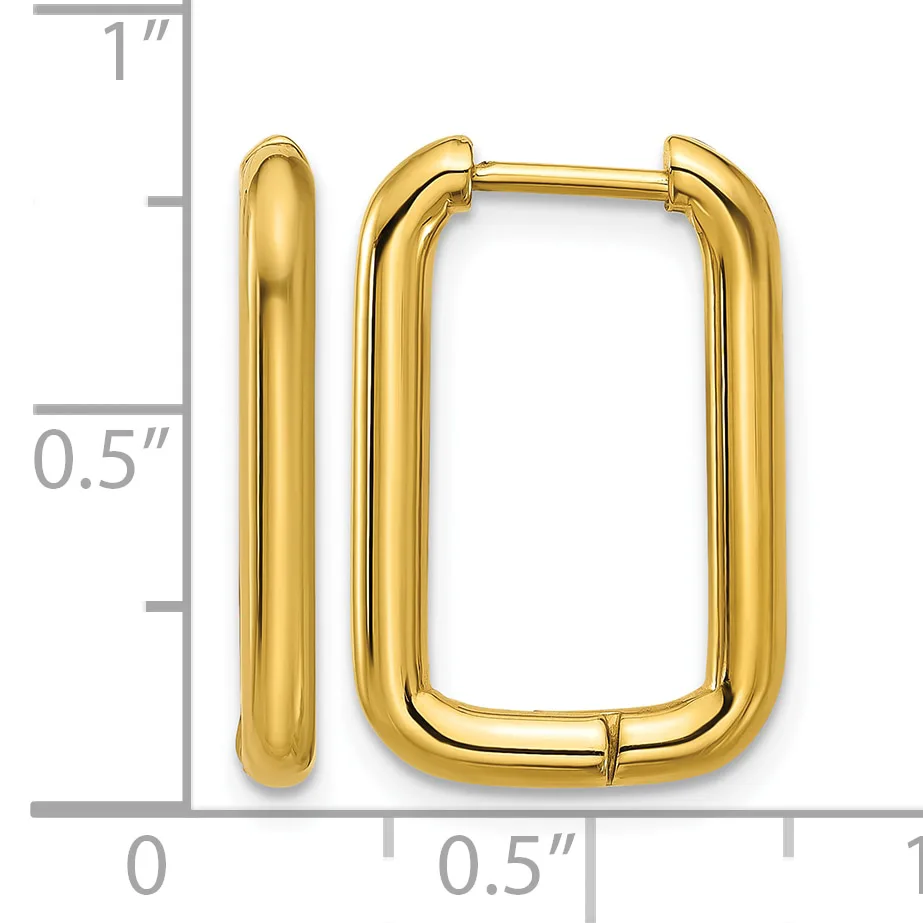 A pair of gold-colored rectangular hoop earrings with rounded corners and polished finish, shown next to a measurement scale indicating approximately one inch in height.