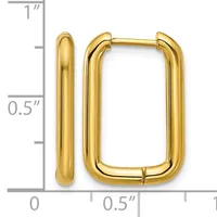 A pair of gold-colored rectangular hoop earrings with rounded corners and polished finish, shown next to a measurement scale indicating approximately one inch in height.