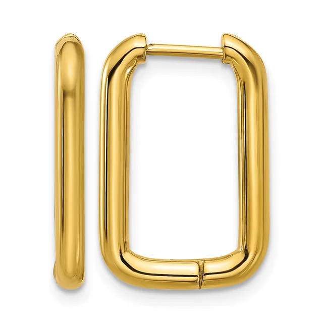 A pair of polished gold-toned rectangular hoop earrings with rounded corners and a hinged closure, shown from the front.