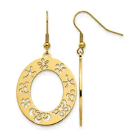 Pair of gold-toned drop earrings with oval pendants featuring cutout floral designs, displayed against a white background.