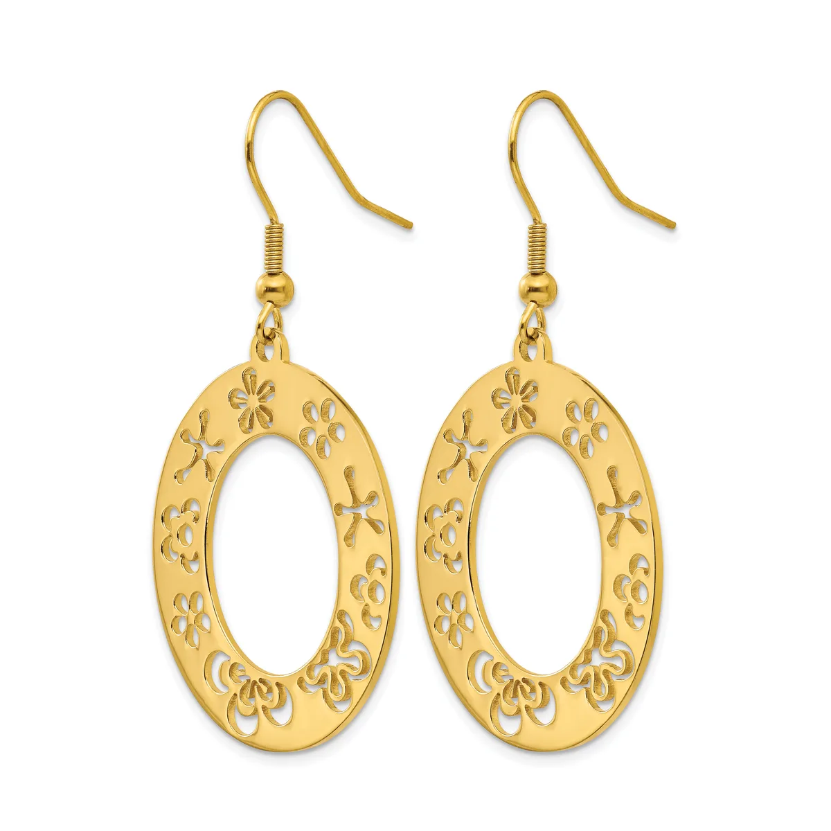 A pair of gold-toned oval drop earrings with ornate floral cutout designs throughout, suspended from fish hook wires.