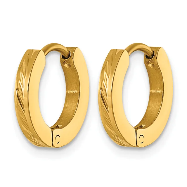 Pair of gold-toned hoop earrings with diagonal textured lines on the outer surface and smooth inner surfaces, shown from the front against a white background.