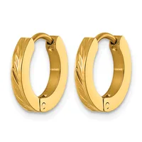 Pair of gold-toned hoop earrings with diagonal textured lines on the outer surface and smooth inner surfaces, shown from the front against a white background.