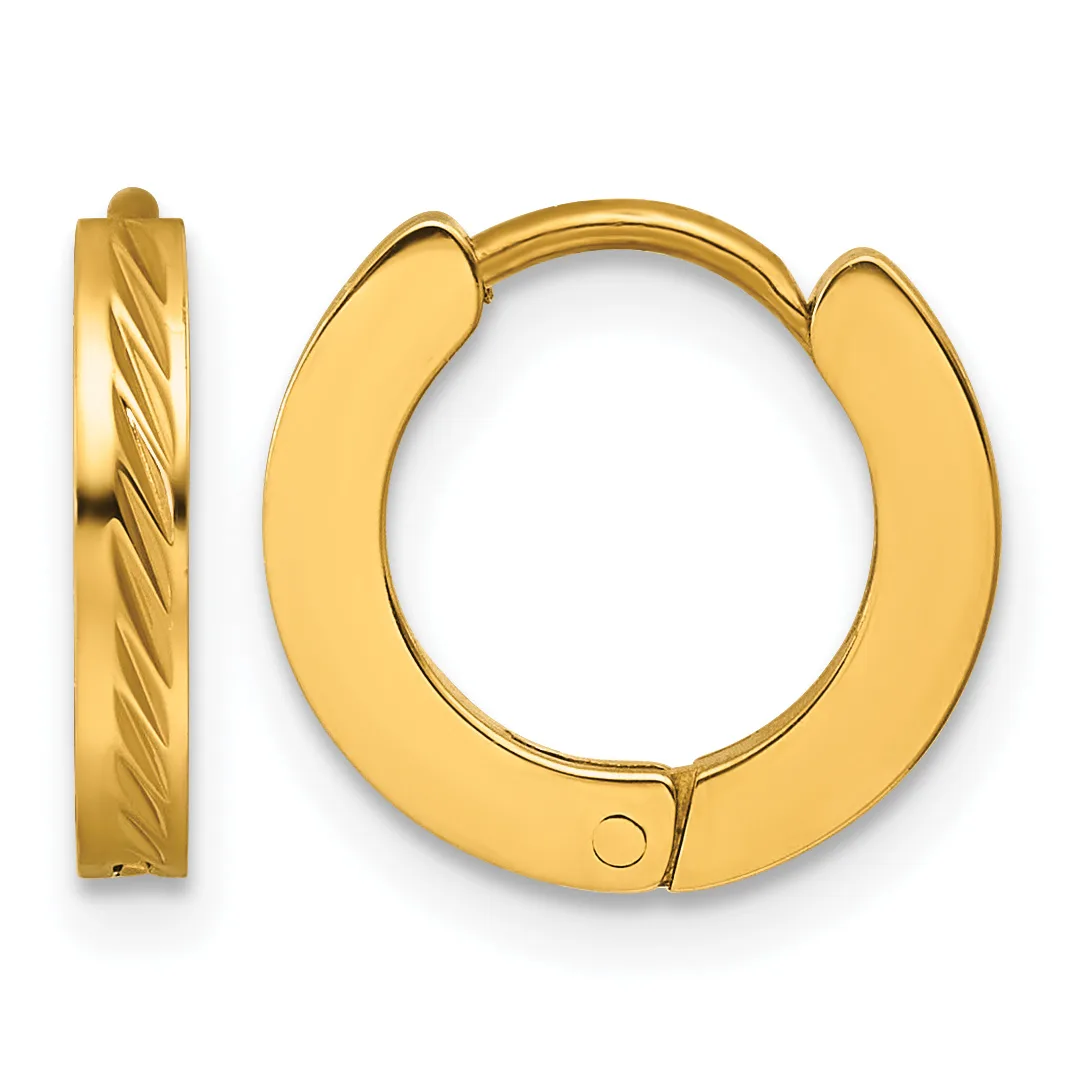 Pair of gold-colored metal huggie hoop earrings with a twisted texture on the left and smooth polished finish on the right, shown against a white background.