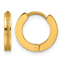 Pair of gold-colored metal huggie hoop earrings with a twisted texture on the left and smooth polished finish on the right, shown against a white background.