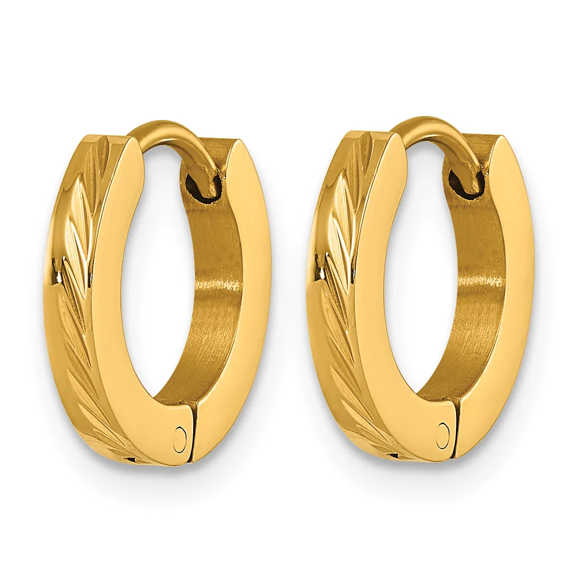 Pair of polished gold hoop earrings with diagonal linear texture on the outer surface and a hinged clasp closure.