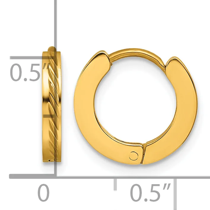 Pair of gold-colored huggie hoop earrings with a twisted texture pattern, shown from front and side views with measurement scale indicating approximately 0.5 inches in width.