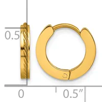 Pair of gold-colored huggie hoop earrings with a twisted texture pattern, shown from front and side views with measurement scale indicating approximately 0.5 inches in width.