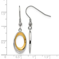 Pair of silver and gold-tone oval dangle earrings with fish hook closures, displayed on a measurement scale showing approximately 1.5 inches in length.