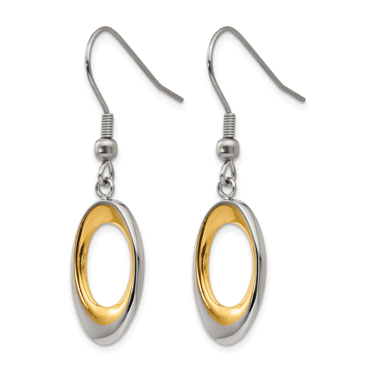 A pair of silver and gold two-tone oval dangle earrings with fish hook closures shown against a white background.