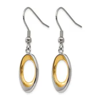 A pair of silver and gold two-tone oval dangle earrings with fish hook closures shown against a white background.
