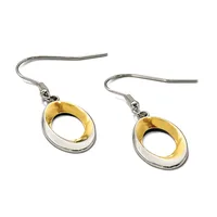 A pair of two-tone oval drop earrings with silver-colored outer rings and gold-colored inner ovals, suspended from silver-toned fishhook wires.