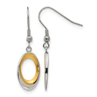 A pair of silver and gold-toned oval dangle earrings with fish hook wires displayed against a white background.