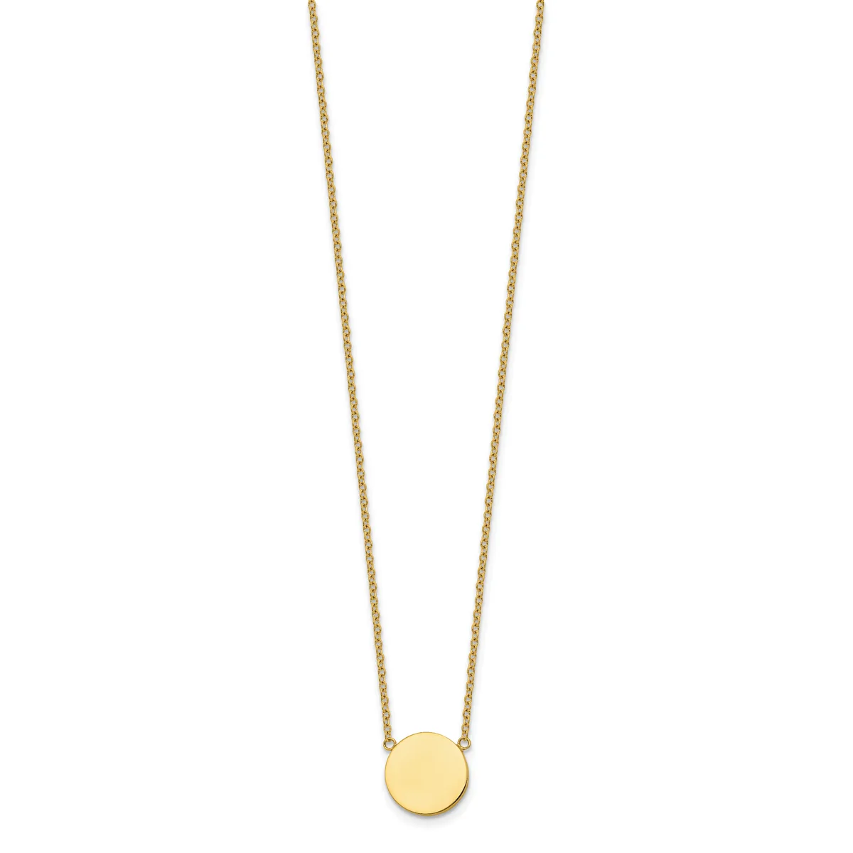 A delicate gold chain necklace with a small polished circular gold disc pendant hanging at the center.