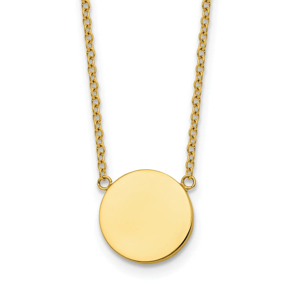 Gold chain necklace with a polished circular pendant hanging from two chain segments.