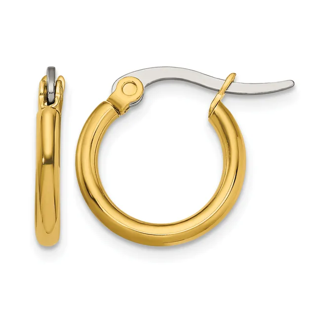A pair of polished gold hoop earrings with a smooth curved tubular design and a hinged clasp closure, shown from the front and side.