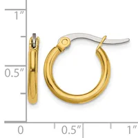 A pair of polished gold-toned hoop earrings with a hinged post-and-loop closure, displayed next to a ruler showing approximately half-inch diameter.