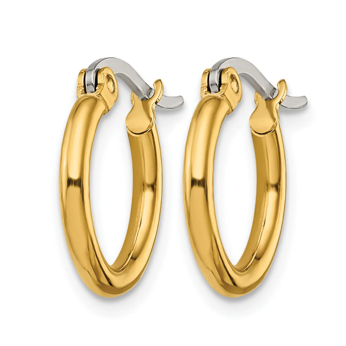 A pair of polished gold hoop earrings with a smooth, rounded profile and silver-toned posts and backs.