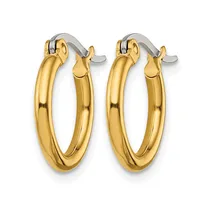 A pair of polished gold hoop earrings with a smooth, rounded profile and silver-toned posts and backs.