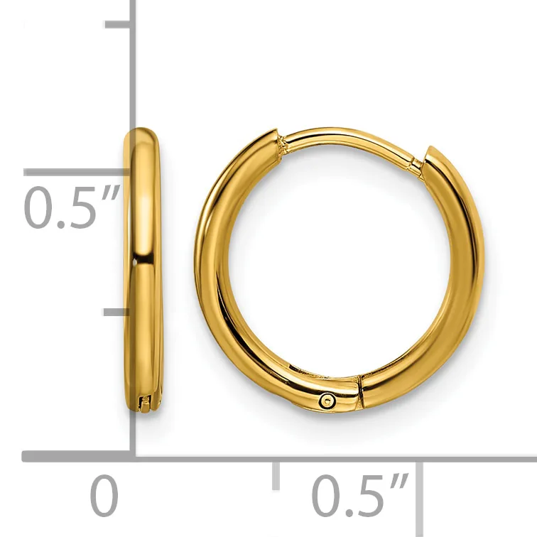 A pair of polished gold-colored hinged hoop earrings displayed against a measurement scale showing they are approximately half an inch in diameter.