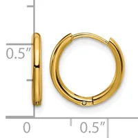 A pair of polished gold-colored hinged hoop earrings displayed against a measurement scale showing they are approximately half an inch in diameter.