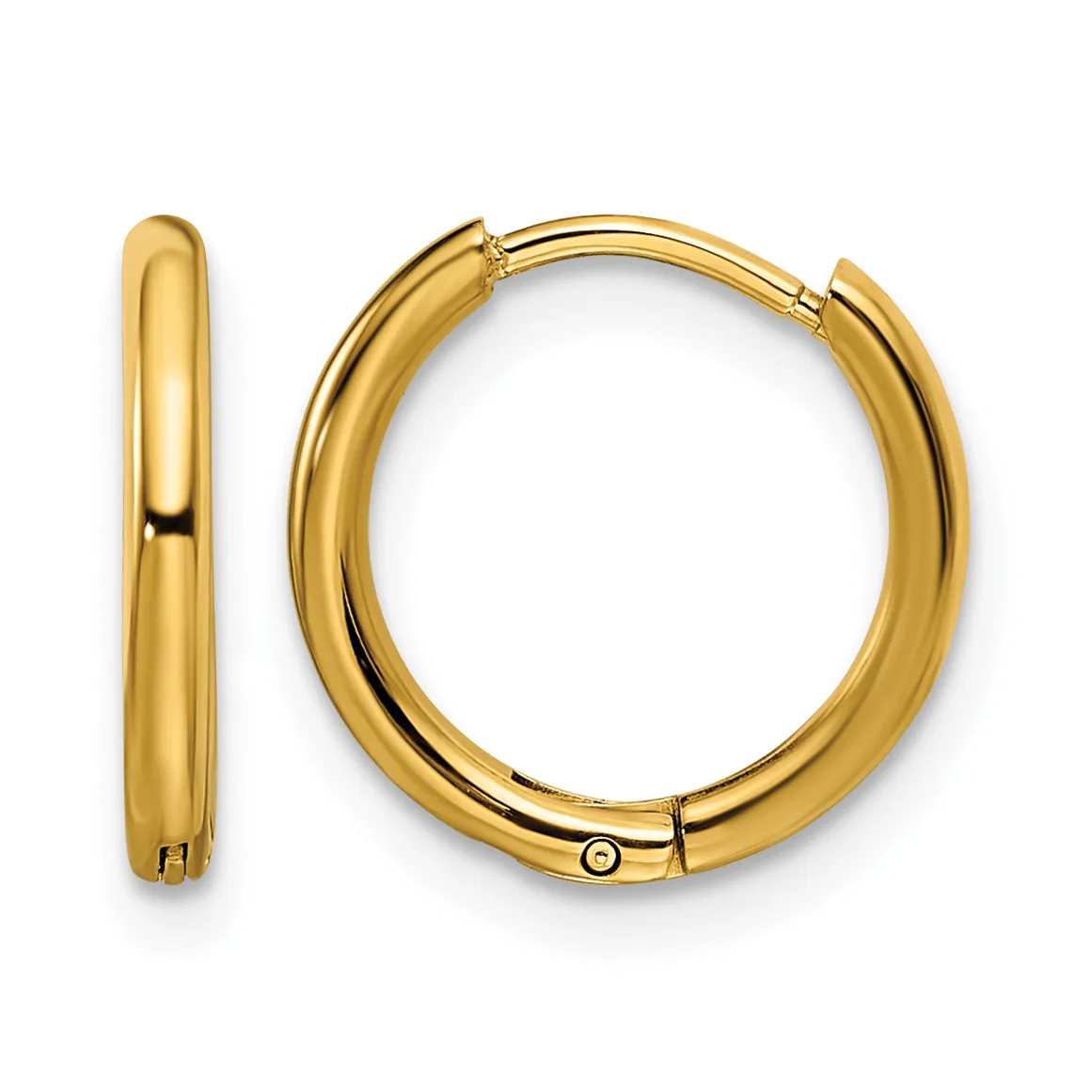 Pair of polished gold-tone hinged hoop earrings shown from front and side views.