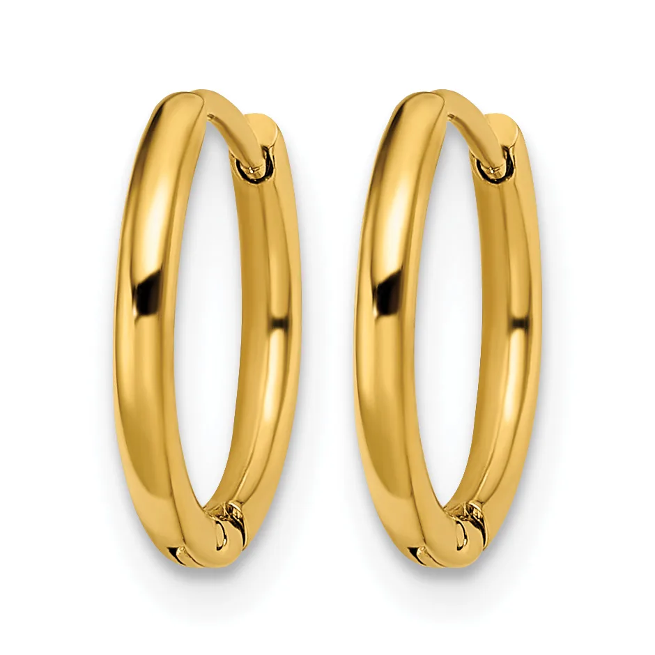 A pair of polished gold hoop earrings with a smooth, rounded rectangular profile and hinged closures, displayed against a white background.