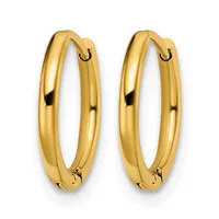 A pair of polished gold hoop earrings with a smooth, rounded rectangular profile and hinged closures, displayed against a white background.
