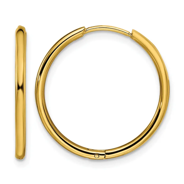 A pair of polished gold hoop earrings shown from the front and side view, displaying their smooth curved tubing and hinged closure.